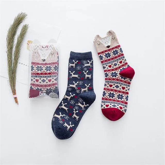 2Pairs Per Lot Winter Autumn Women's Cotton Funny Cartoon Pattern Socks