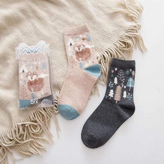 2Pairs Per Lot Winter Autumn Women's Cotton Funny Cartoon Pattern Socks