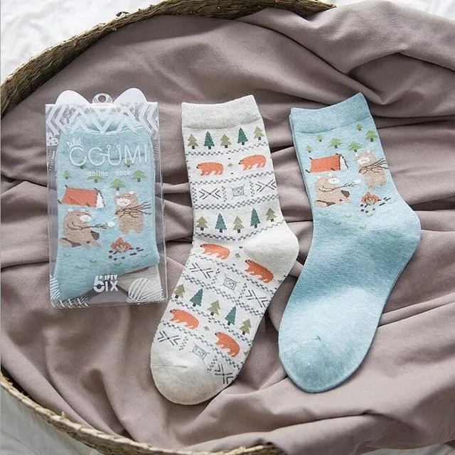 2Pairs Per Lot Winter Autumn Women's Cotton Funny Cartoon Pattern Socks