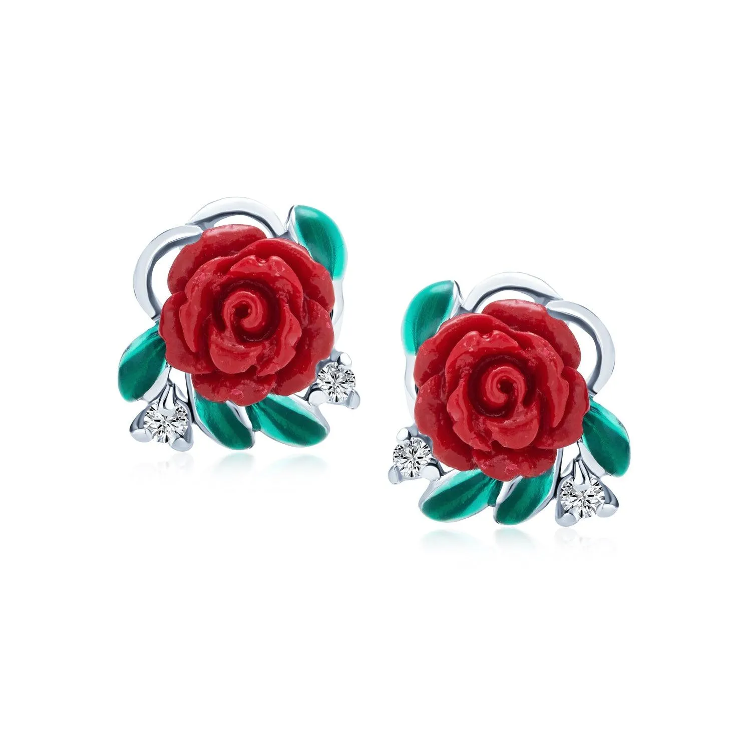 3D CZ Bow Red Rose Flower Ladybug Cuff Bracelet Stud Earrings Silver