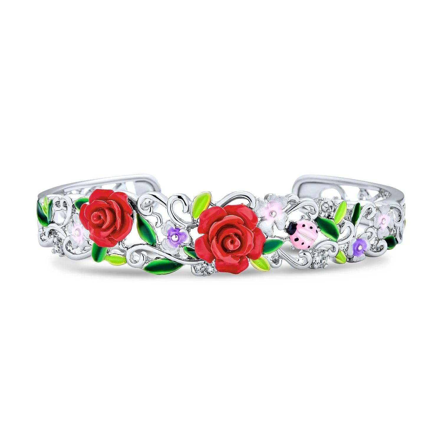 3D CZ Bow Red Rose Flower Ladybug Cuff Bracelet Stud Earrings Silver