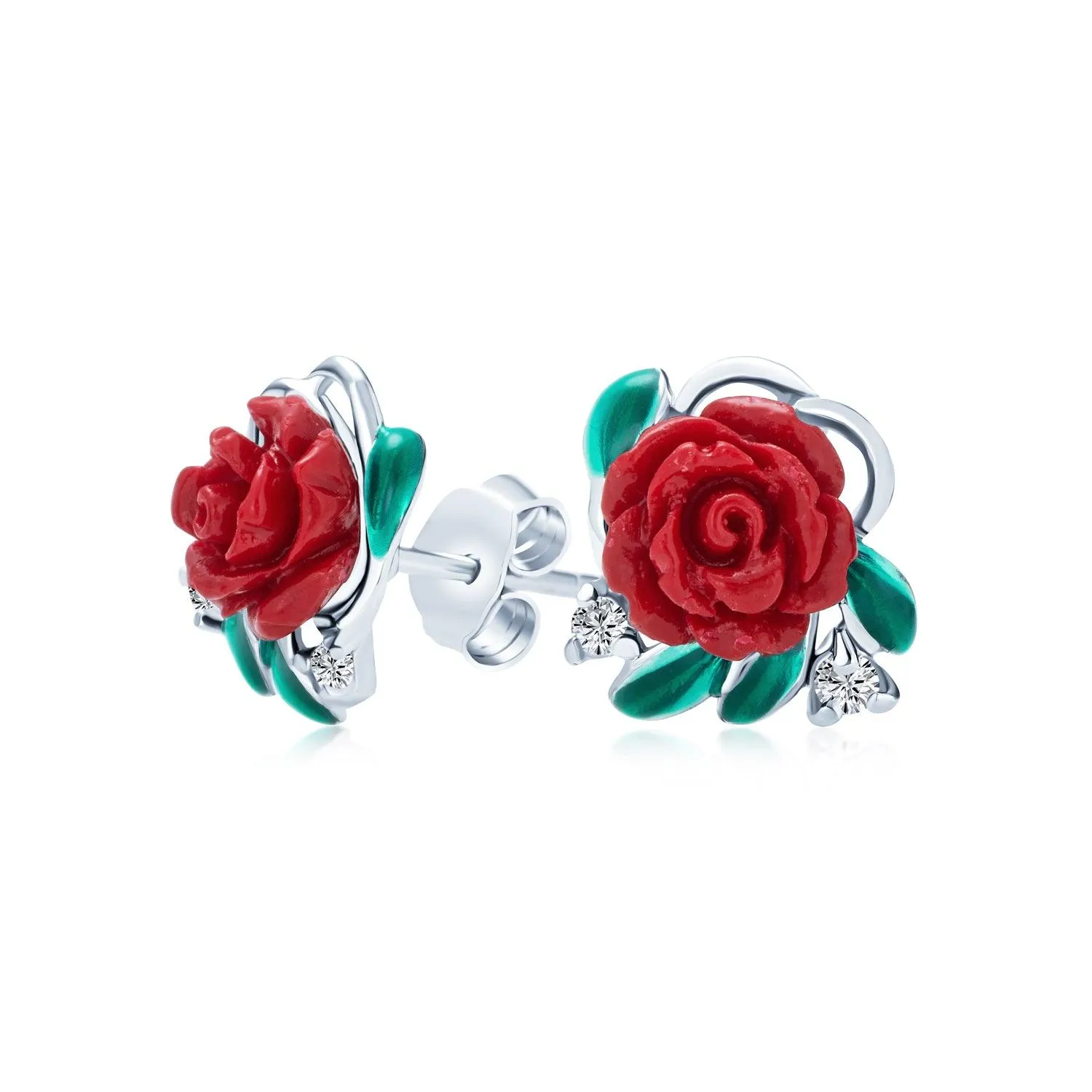 3D CZ Bow Red Rose Flower Ladybug Cuff Bracelet Stud Earrings Silver