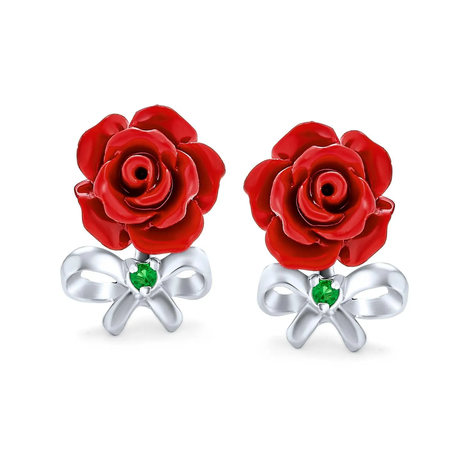 3D CZ Bow Red Rose Flower Ladybug Cuff Bracelet Stud Earrings Silver