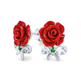 3D CZ Bow Red Rose Flower Ladybug Cuff Bracelet Stud Earrings Silver