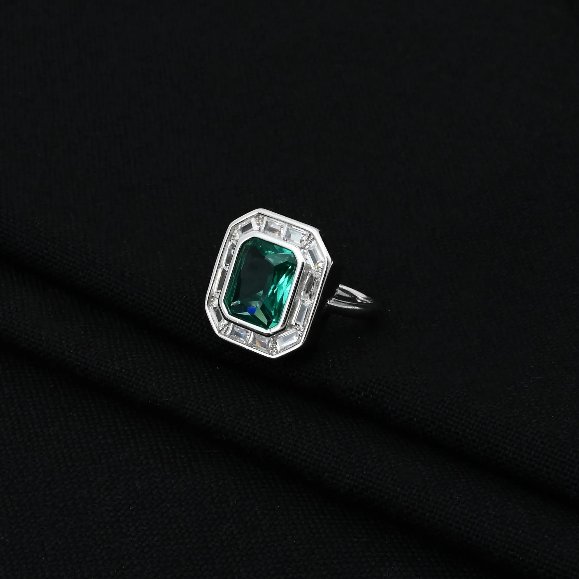 925 Silver Square Synthetic Columbian Emerald Ring for Women