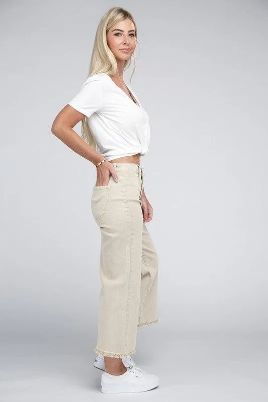 Acid Washed High Waist Frayed Hem Straight Pants Jeans