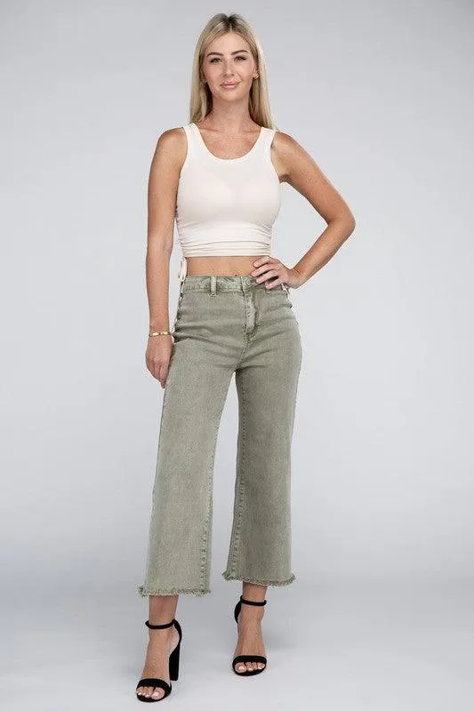 Acid Washed High Waist Frayed Hem Straight Pants Jeans