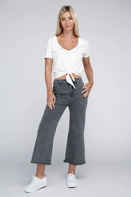 Acid Washed High Waist Frayed Hem Straight Pants Jeans