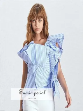 Alexa top - Striped Ruffles Women Blouse One Shoulder Sleeveless Slim