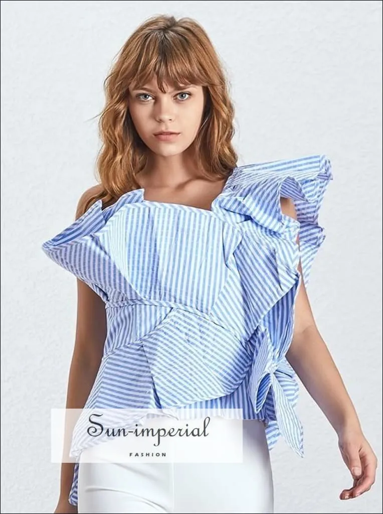 Alexa top - Striped Ruffles Women Blouse One Shoulder Sleeveless Slim