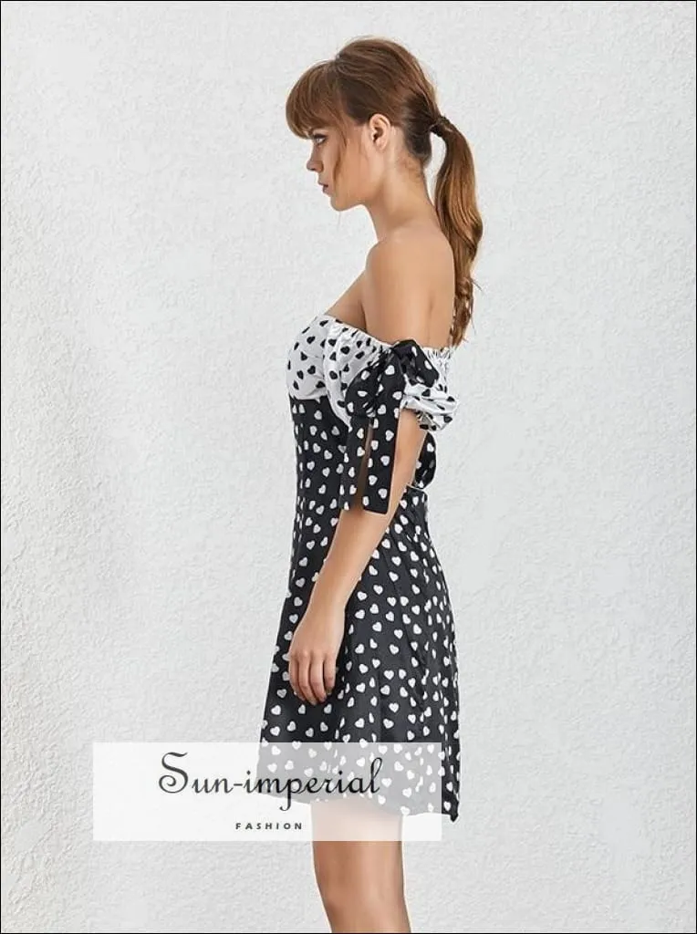 Andria Dress- Women off Shoulder A-line Heart Print High Waist Short Sleeve Mini Dress