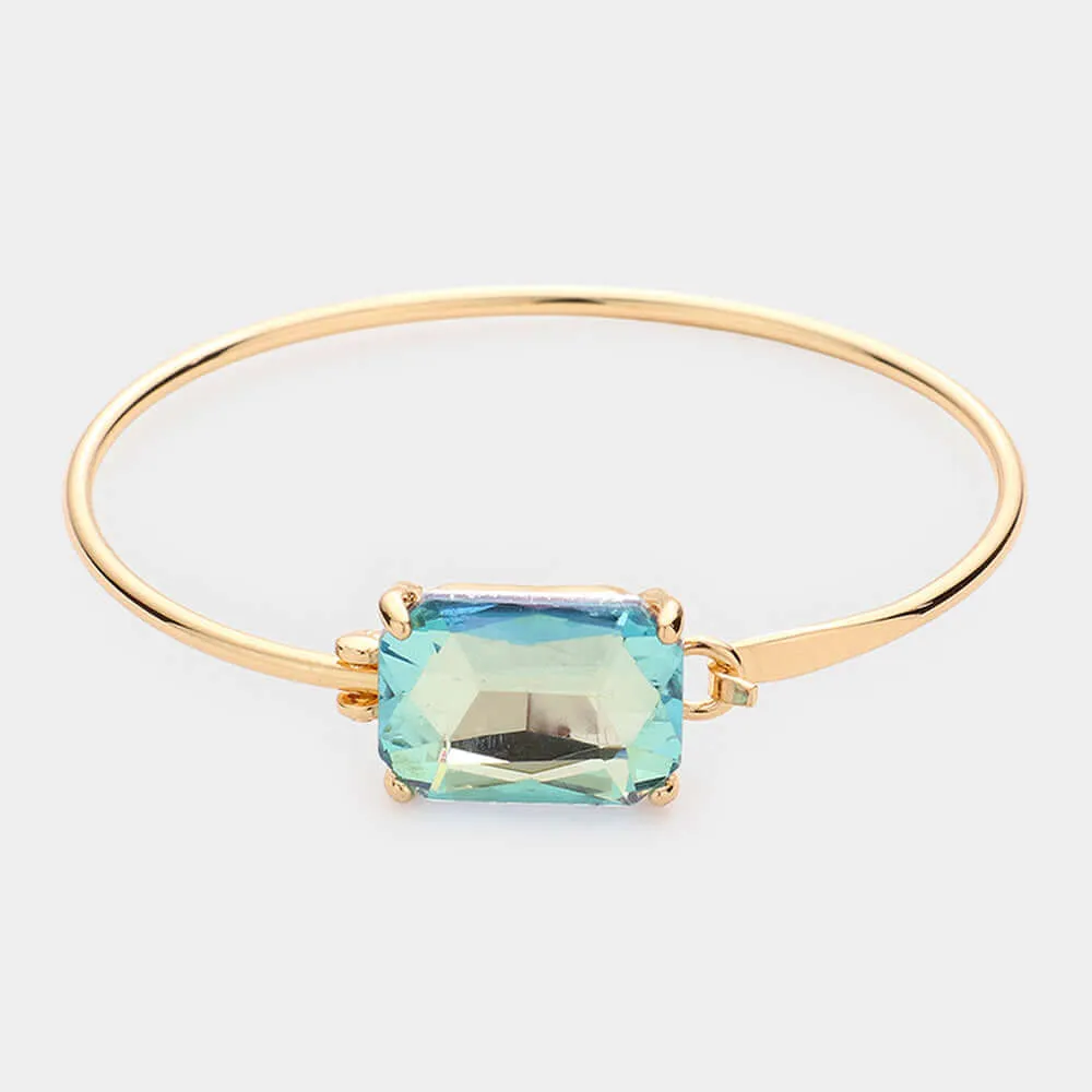 Aqua Emerald Cut Stone Metal Hook Bracelet for Women