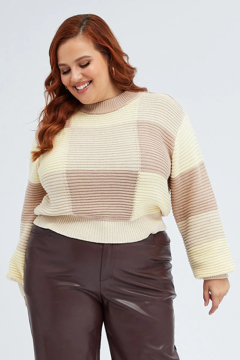 Beige Knit Top Round Neck Long Sleeve Patchwork