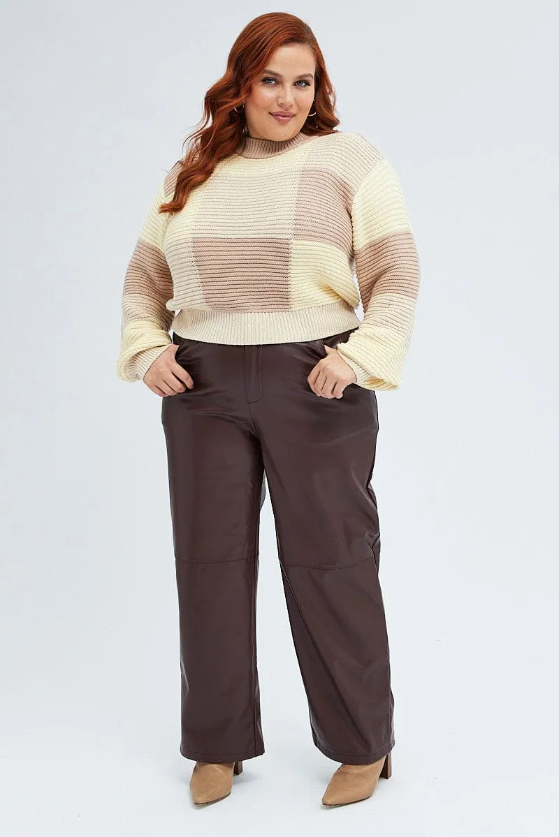 Beige Knit Top Round Neck Long Sleeve Patchwork