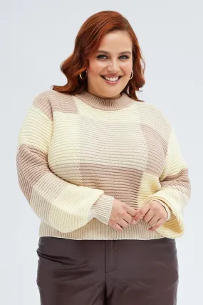 Beige Knit Top Round Neck Long Sleeve Patchwork