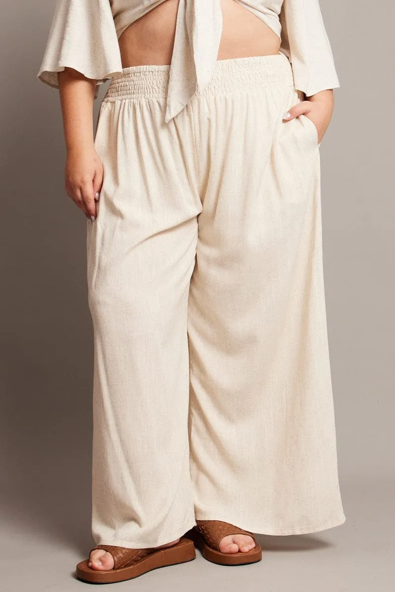 Beige Shirred Waist Wide Leg Pants