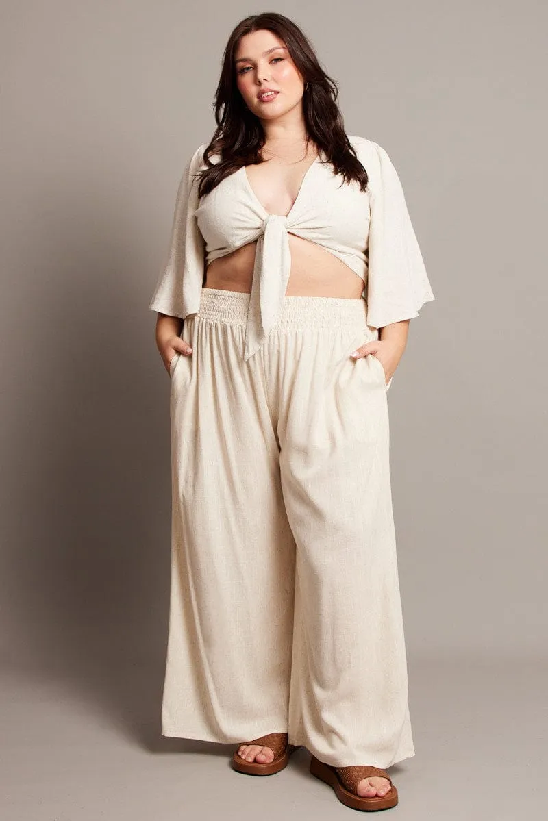 Beige Shirred Waist Wide Leg Pants