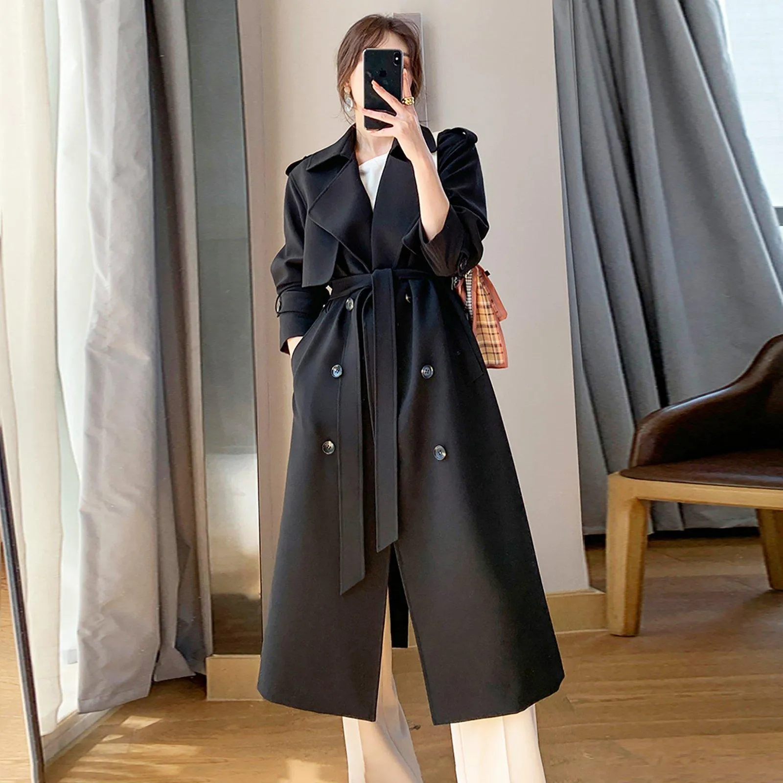 Black Double Breasted Epaulet Trench Coat