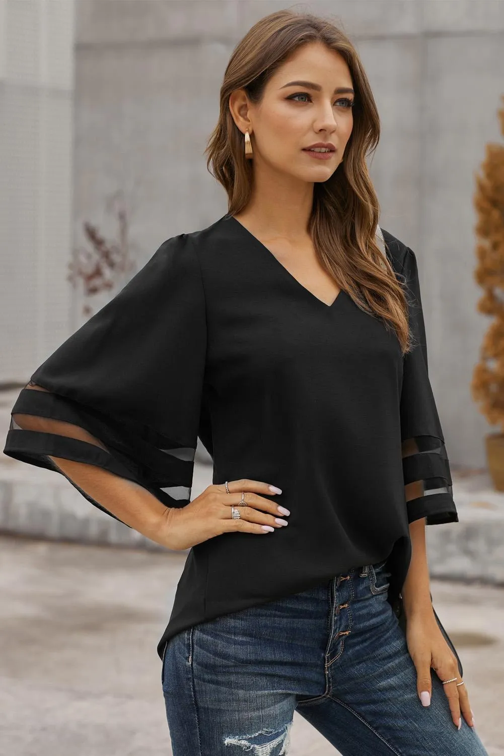 Black Flare Sleeve V Neck Loose Women's Chiffon Blouse