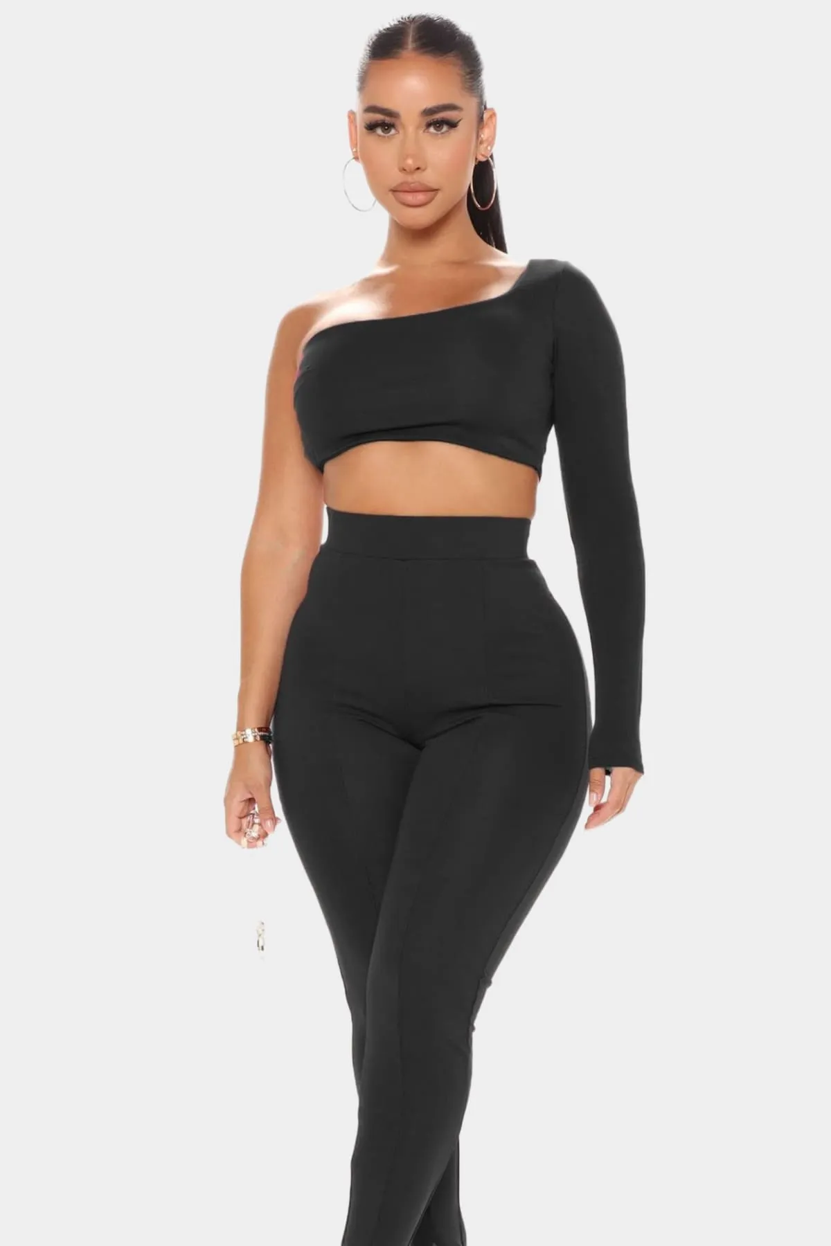 Black High Waist Pants & One Shoulder Top Set