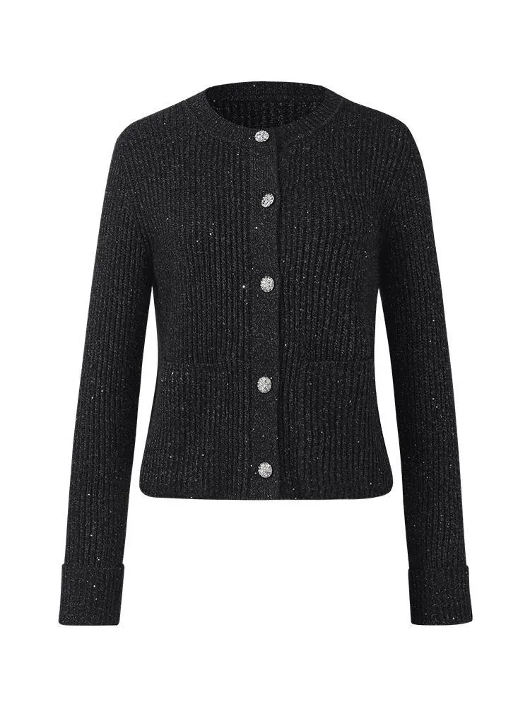 Black Sequins Wool Women Cardigan