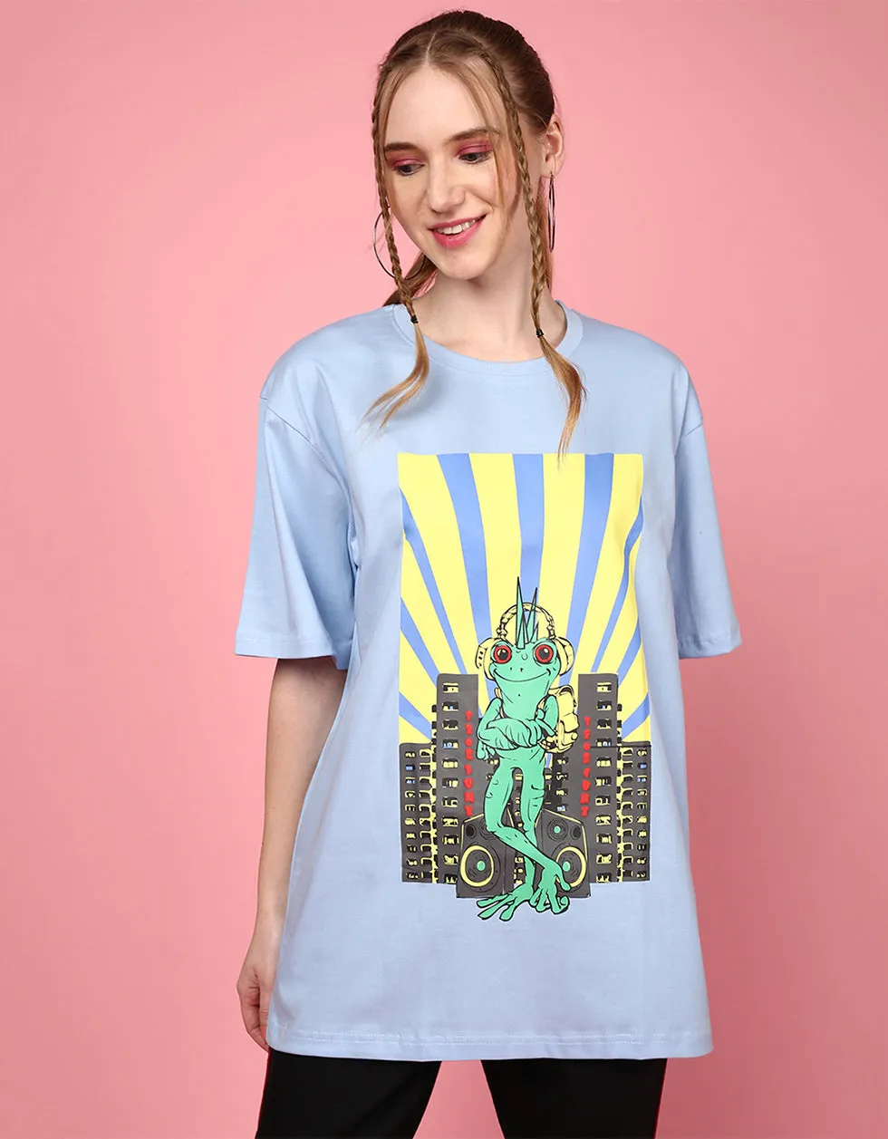 Blue Frog Oversized Chest Graphic Printed Tshirt