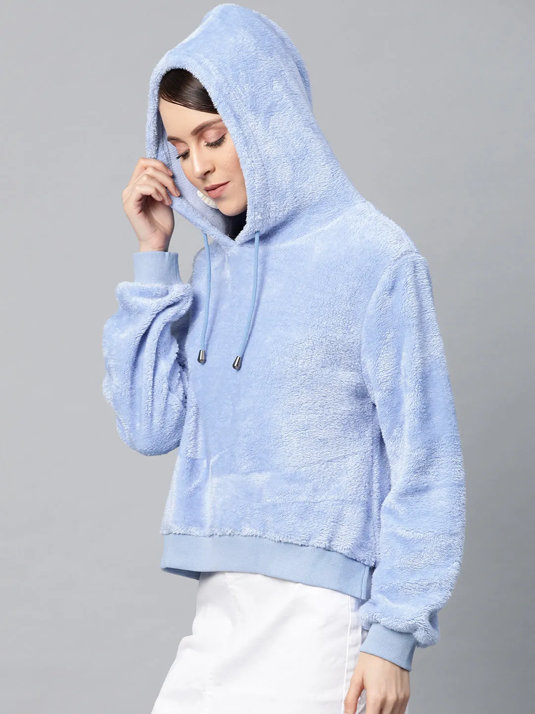 Blue Hooded Faux Fur Sweatshirt