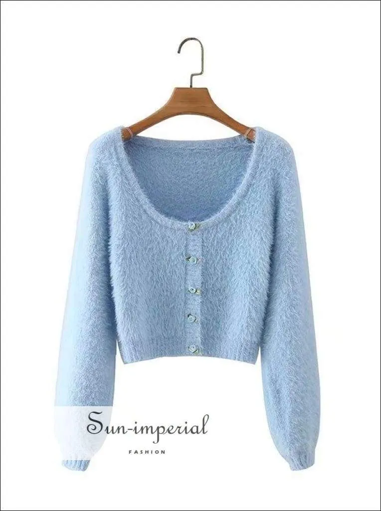 Blue O Neck Knitted Long Sleeve Cardigan Sweater top with Floral Appliques detail