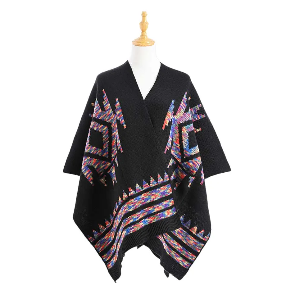 Boho Patterned Front Pockets Poncho