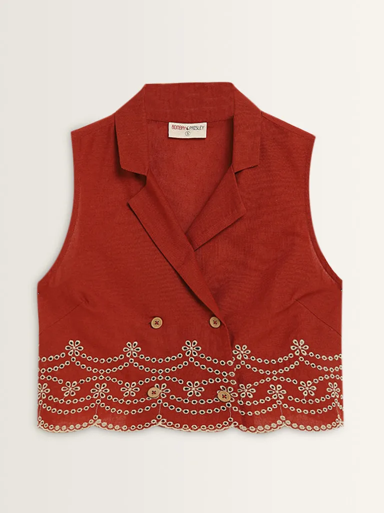 Bombay Paisley Red Schiffli Waistcoat-Style Cotton Top