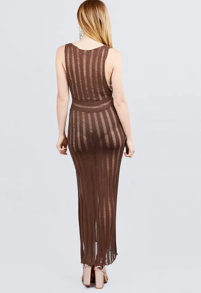 BROWN SLEEVELESS V NECK LONG KNIT DRESS