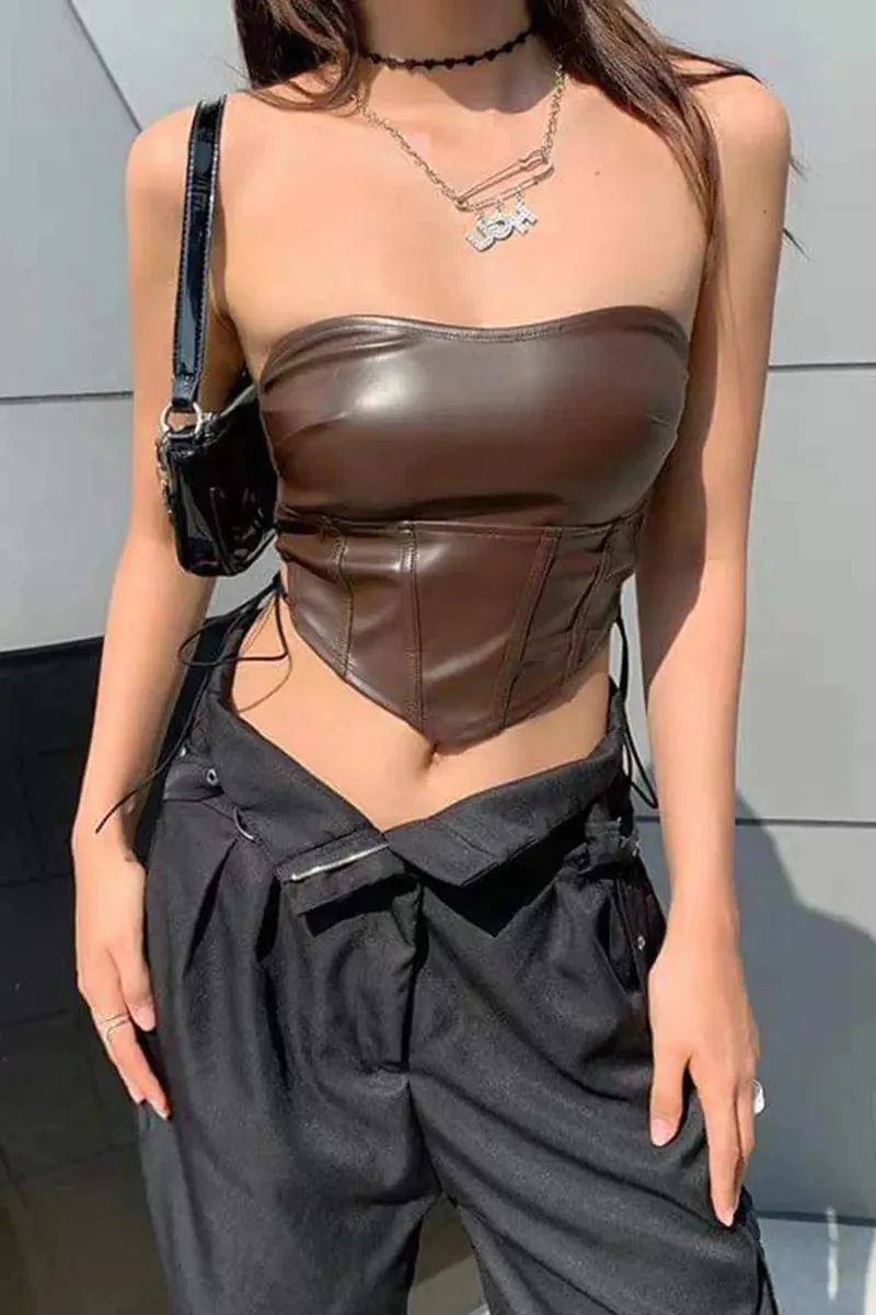 Brown V-Shaped Side Lace-Up Leather Corset Top