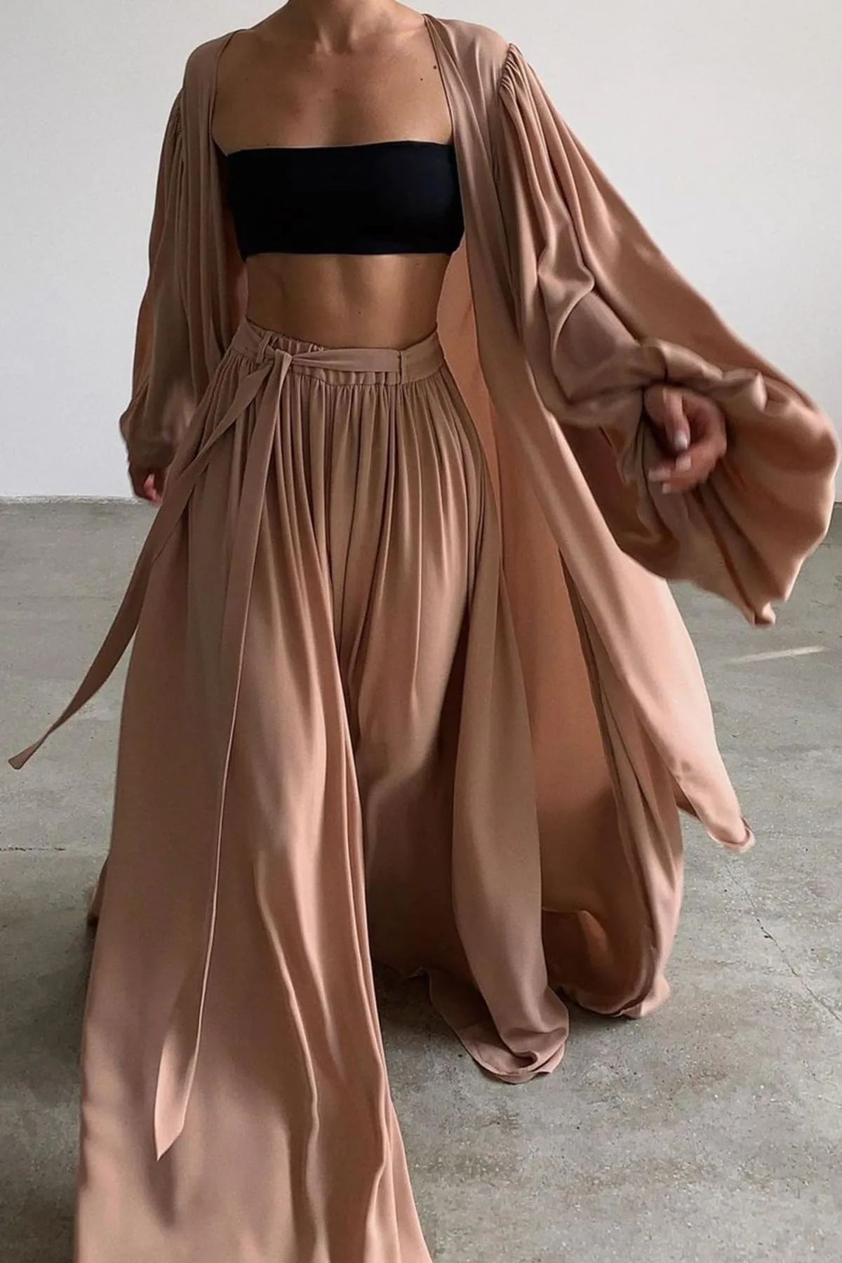 Brown Wide Leg Palazzo Pants And Beach Kimono Set