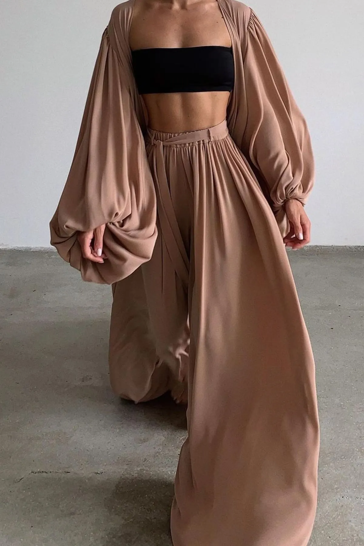 Brown Wide Leg Palazzo Pants And Beach Kimono Set