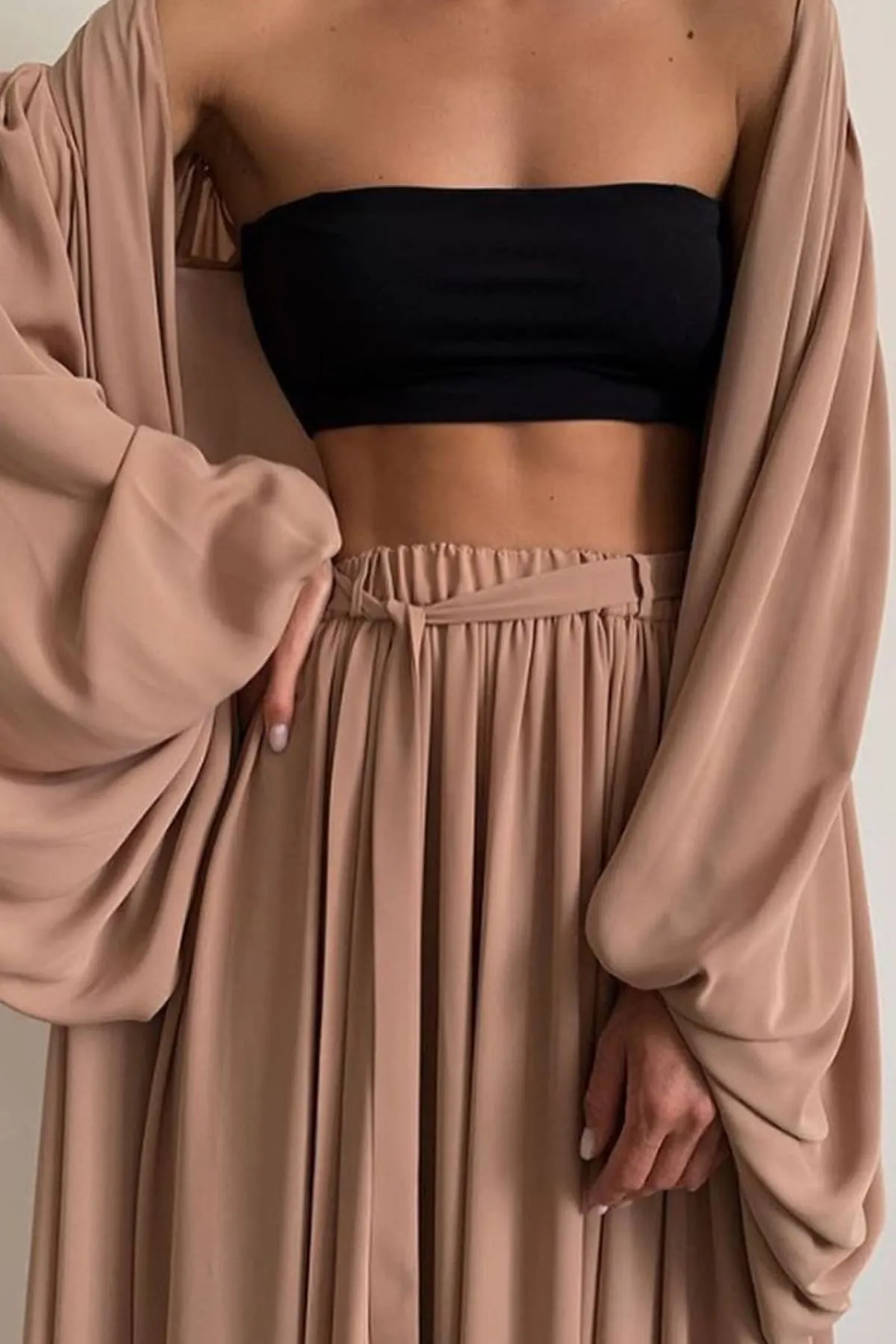 Brown Wide Leg Palazzo Pants And Beach Kimono Set