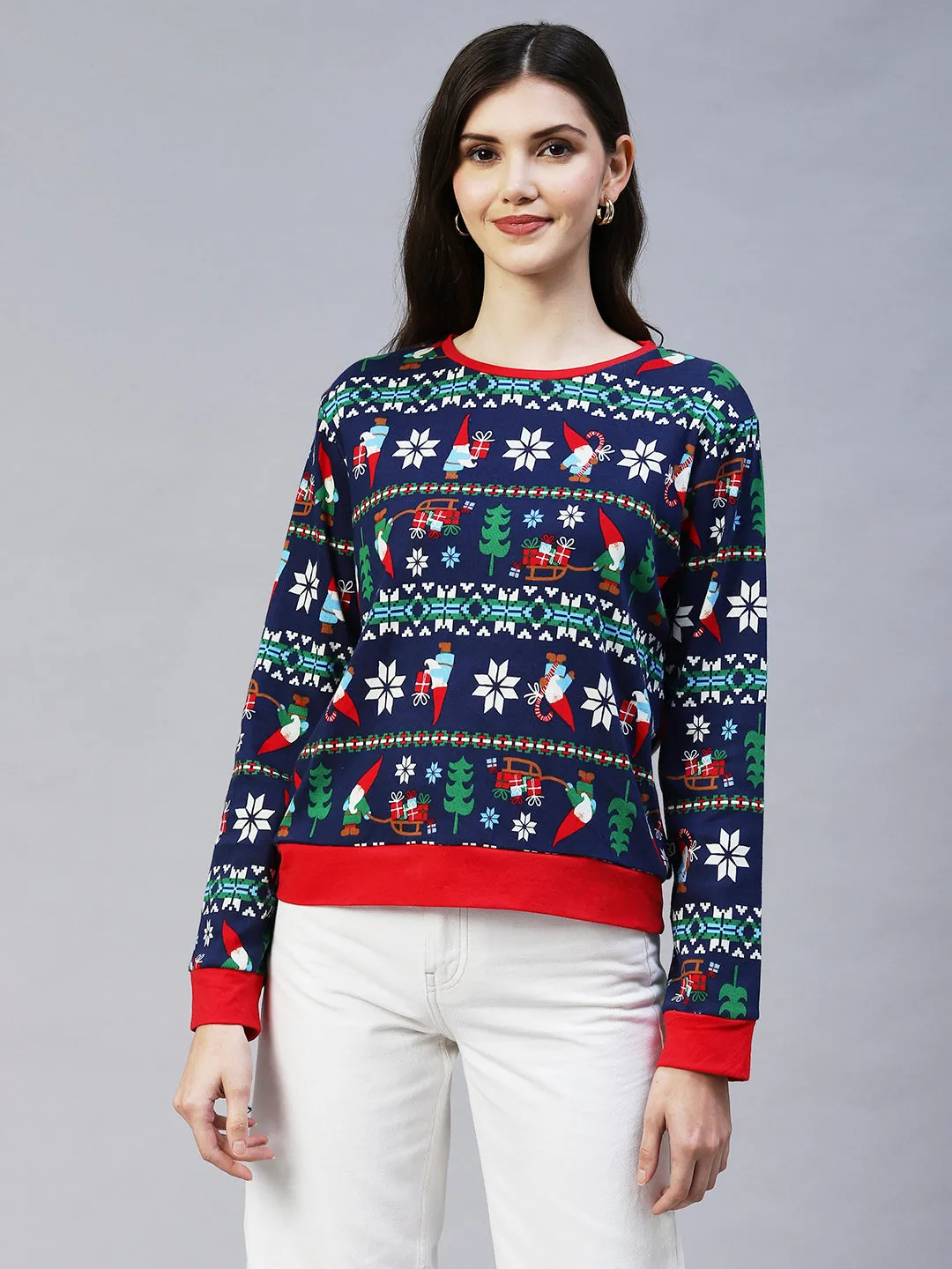 Christmas Print Round Neck Top