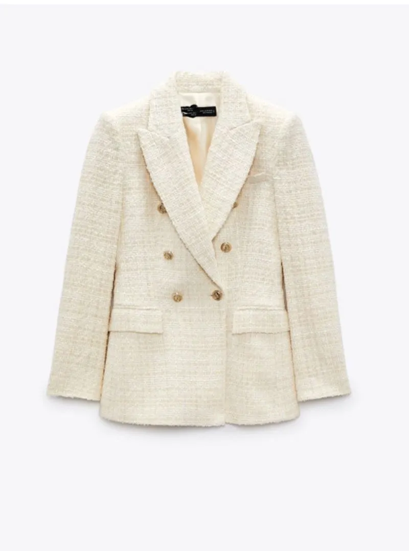 Classic Double Breasted Tweed Blazer Jacket Winter Office Coats For Women