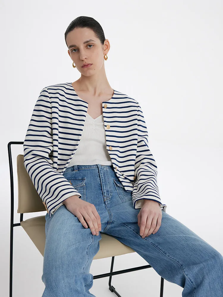 Cotton Striped Single-Breasted Women Crop Jacket