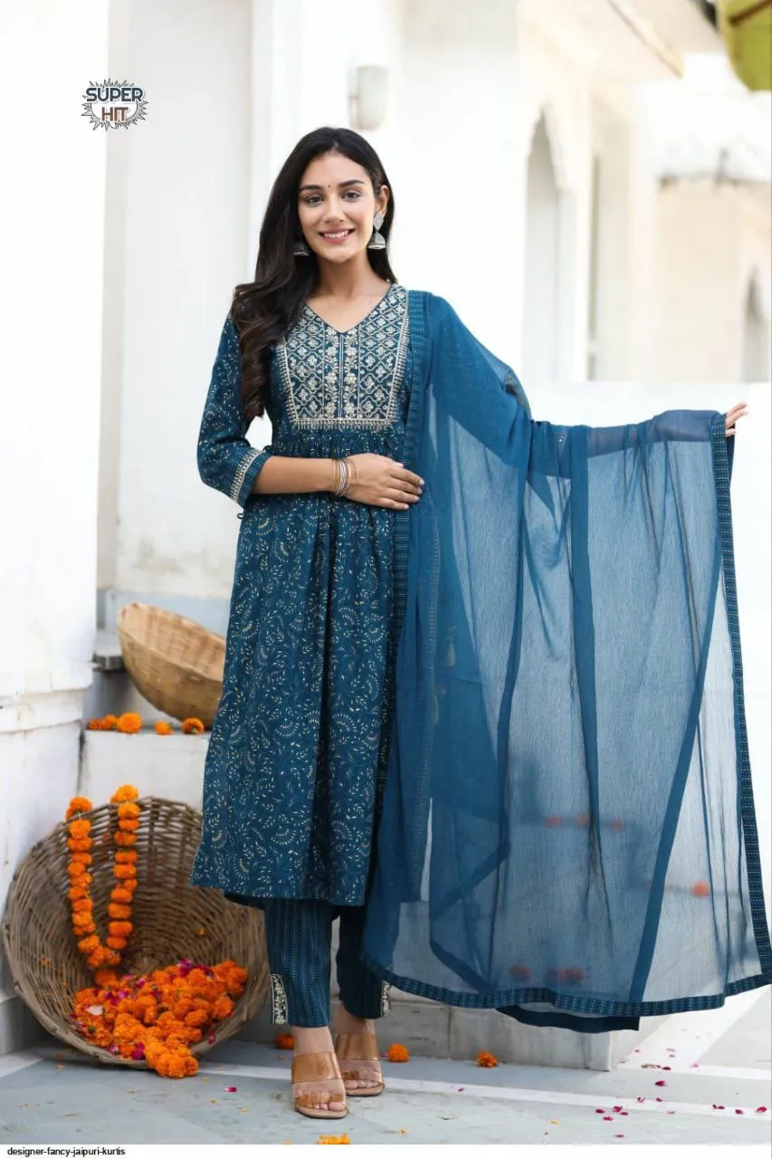 Cotton Women Kurti Pant with Dupatta Suit