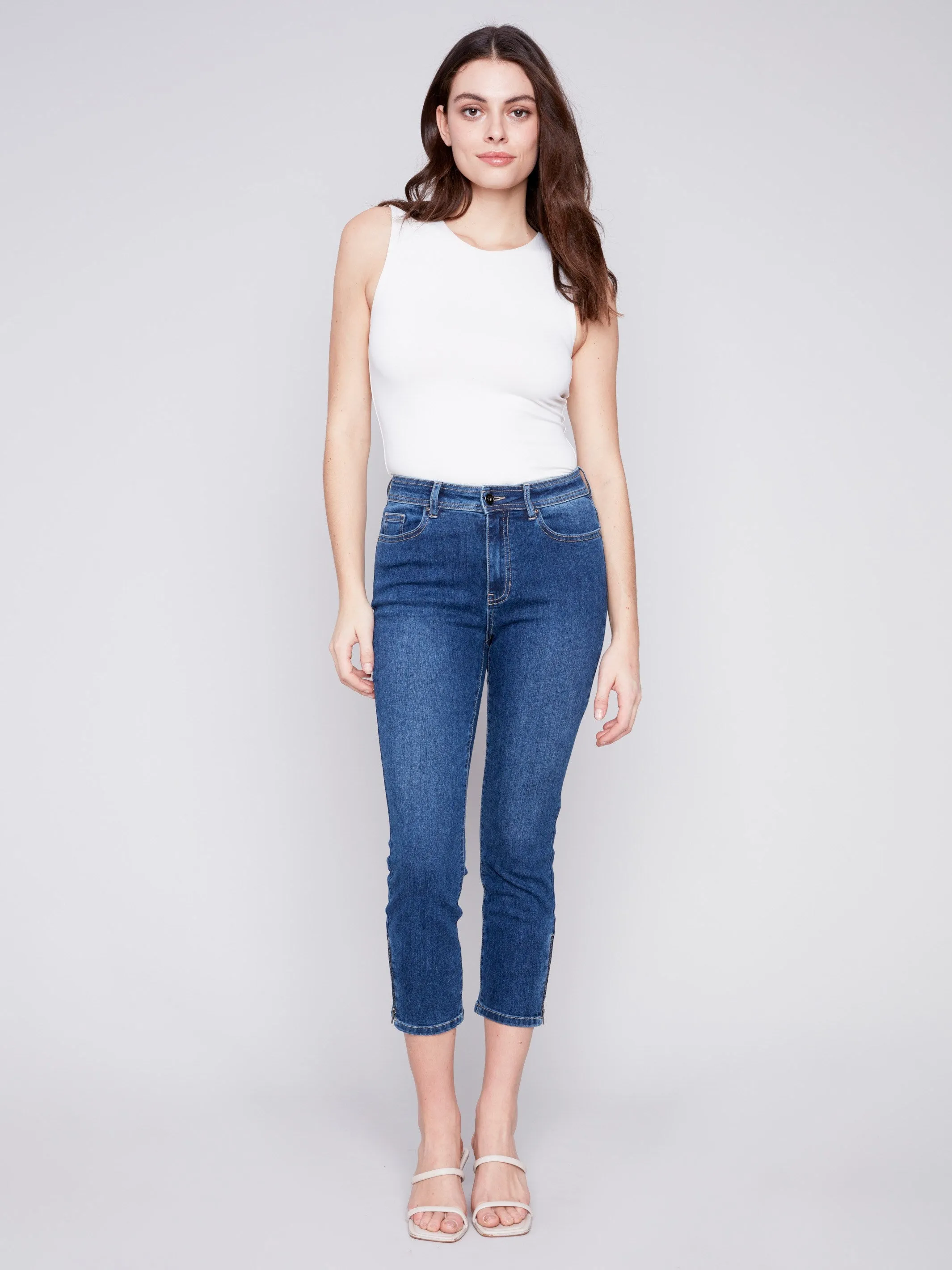 Cropped Jeans with Zipper Detail - Indigo