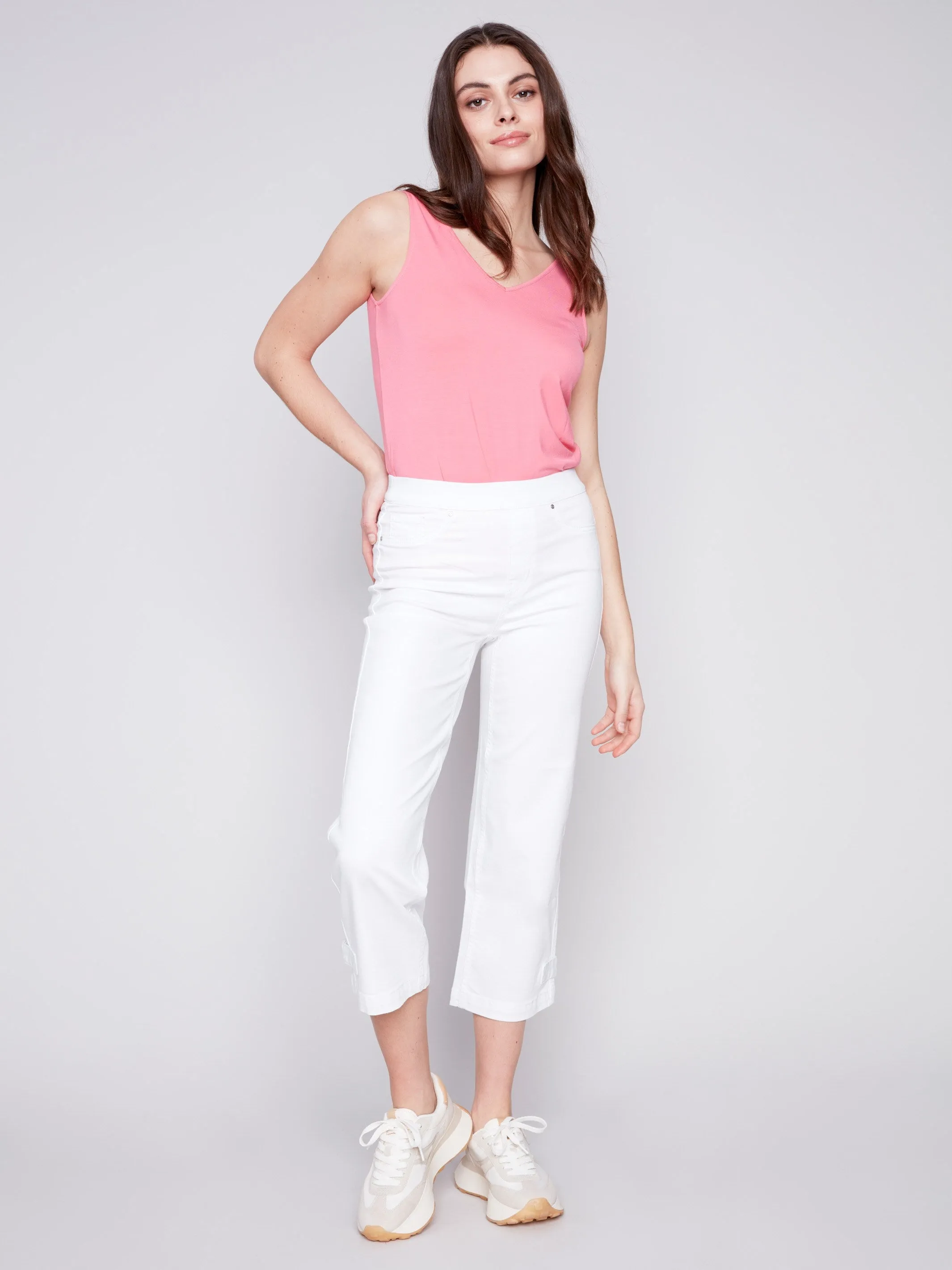 Cropped Pull-On Twill Pants with Hem Tab - White