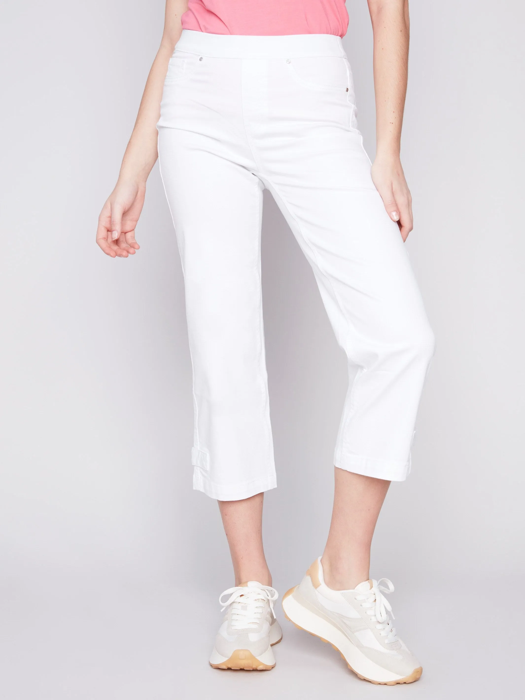 Cropped Pull-On Twill Pants with Hem Tab - White