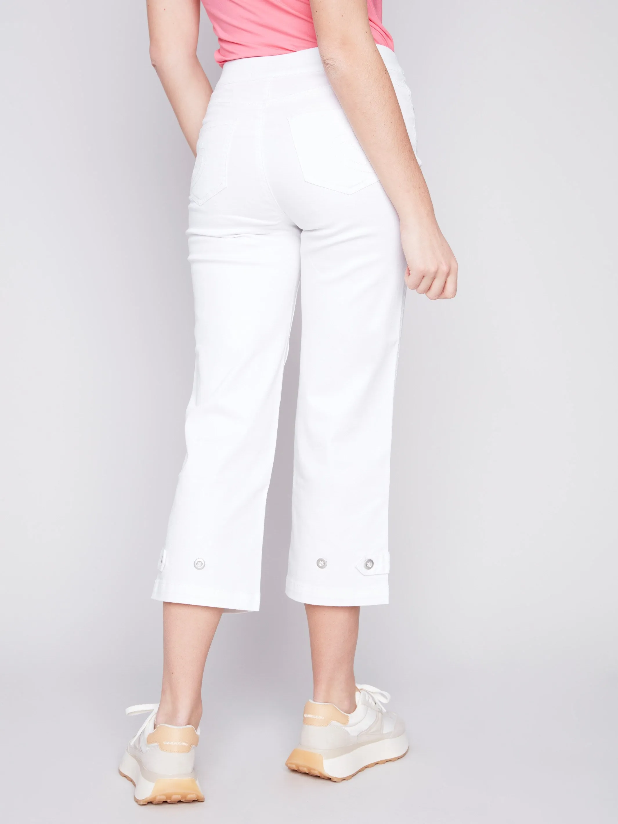 Cropped Pull-On Twill Pants with Hem Tab - White