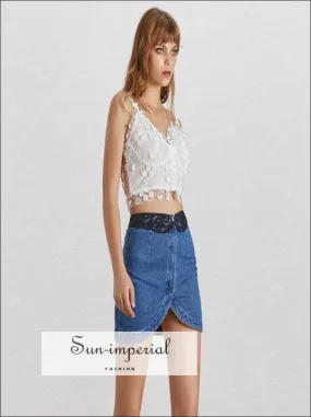 Dayana Skirt - Lace Belted Denim Skirt for Women High Waist Asymmetrical Mini Skirt