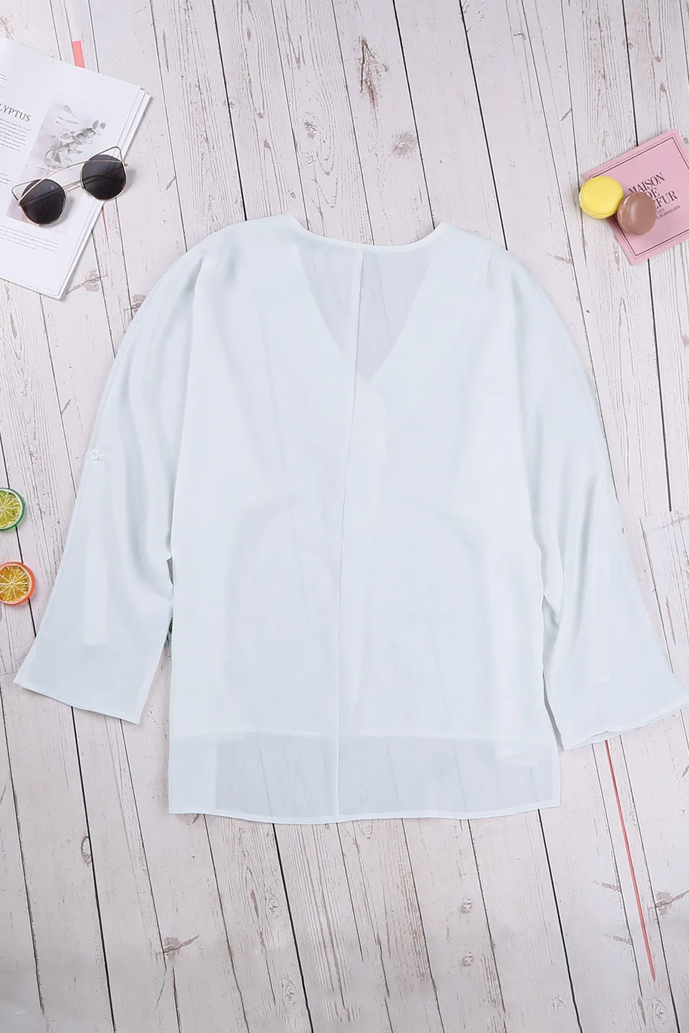 Elegant White V Neck 3/4 Sleeve High Low Hem Shirt