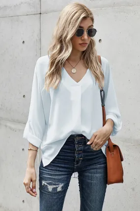 Elegant White V Neck 3/4 Sleeve High Low Hem Shirt