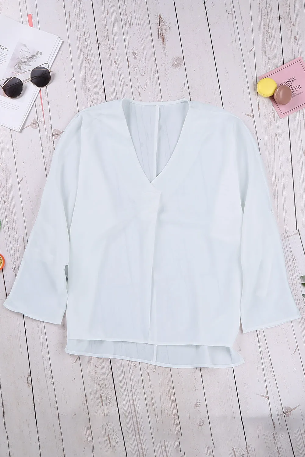 Elegant White V Neck 3/4 Sleeve High Low Hem Shirt