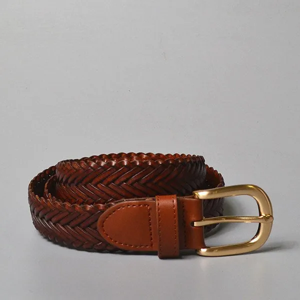 Erskinville | Women's Tan Leather Braided Belt with Gold Buckle