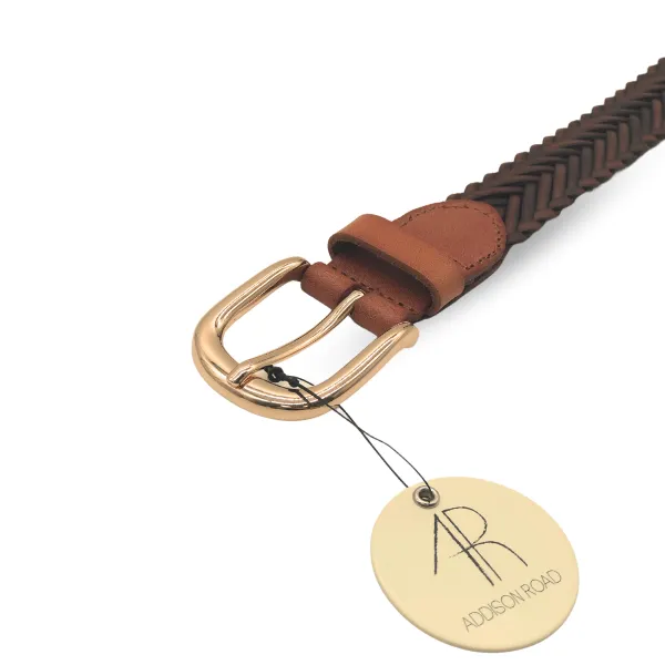 Erskinville | Women's Tan Leather Braided Belt with Gold Buckle