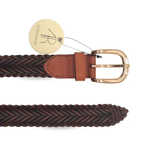 Erskinville | Women's Tan Leather Braided Belt with Gold Buckle